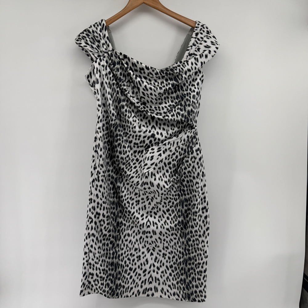 Tadashi Shoji Grey Leopard Print Draped Cowl Neck Sheath Dress 12 Party